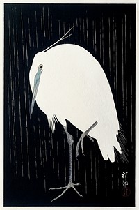 Egret in the rain (1925 - 1936) by <a href="https://www.rawpixel.com/search/Ohara%20Koson?sort=curated&amp;page=1">Ohara Koson</a> (1877-1945). Original from The Rijksmuseum. Digitally enhanced by rawpixel.