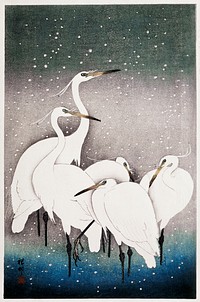 Group of Egrets (1925 - 1936) by <a href="https://www.rawpixel.com/search/Ohara%20Koson?sort=curated&amp;page=1">Ohara Koson</a> (1877-1945). Original from The Rijksmuseum. Digitally enhanced by rawpixel.