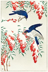 Flycatchers on a nandina bush (1925 - 1936) by <a href="https://www.rawpixel.com/search/Ohara%20Koson?sort=curated&amp;page=1">Ohara Koson</a> (1877-1945). Original from The Rijksmuseum. Digitally enhanced by rawpixel.