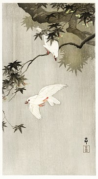 Birds in rain (1900 - 1936) by <a href="https://www.rawpixel.com/search/Ohara%20Koson?sort=curated&amp;page=1">Ohara Koson</a>(1877-1945). Original from The Rijksmuseum. Digitally enhanced by rawpixel.