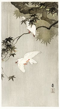 Birds in rain (1900 - 1936) by Ohara Koson(1877-1945). Original from The Rijksmuseum. Digitally enhanced by rawpixel.