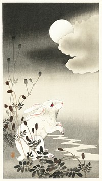 Rabbit at full moon (1900 - 1930) by <a href="https://www.rawpixel.com/search/Ohara%20Koson?sort=curated&amp;page=1">Ohara Koson</a> (1877-1945). Original from The Rijksmuseum. Digitally enhanced by rawpixel.