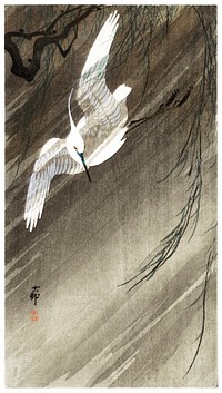 Egret in storm (1900 - 1936) by <a href="https://www.rawpixel.com/search/Ohara%20Koson?sort=curated&amp;page=1">Ohara Koson</a> (1877-1945). Original from The Rijksmuseum. Digitally enhanced by rawpixel.