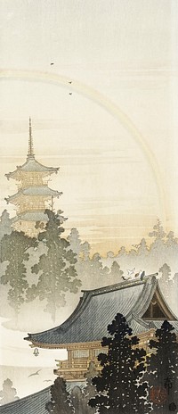 Pagoda and rainbow (1900 - 1910) by Ohara Koson (1877-1945). Original from The Rijksmuseum. Digitally enhanced by rawpixel.