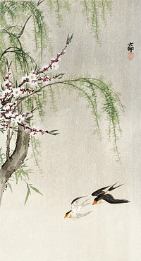 Swallows in flight (1900 - 1930) by Ohara Koson (1877-1945). Original from The Rijksmuseum. Digitally enhanced by rawpixel.