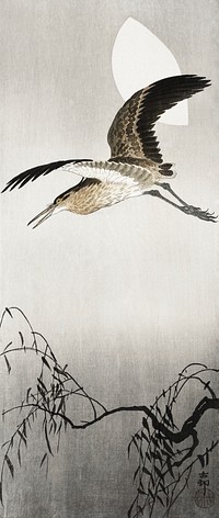 Heron and moon (1900 - 1910) by <a href="https://www.rawpixel.com/search/Ohara%20Koson?sort=curated&amp;page=1">Ohara Koson</a> (1877-1945). Original from The Rijksmuseum. Digitally enhanced by rawpixel.