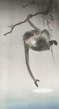 Monkey and reflection of the moon (1900 - 1936) by <a href="https://www.rawpixel.com/search/Ohara%20Koson?sort=curated&amp;page=1">Ohara Koson</a> (1877-1945). Original from The Rijksmuseum. Digitally enhanced by rawpixel.