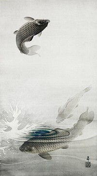 Three carps (1877-1945) by <a href="https://www.rawpixel.com/search/Ohara%20Koson?sort=curated&amp;page=1">Ohara Koson</a> (1877-1945). Original from The Rijksmuseum. Digitally enhanced by rawpixel.