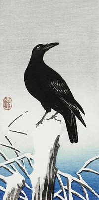 Crow on snowy pole (1925 - 1936) by <a href="https://www.rawpixel.com/search/Ohara%20Koson?sort=curated&amp;page=1">Ohara Koson</a> (1877-1945). Original from The Rijksmuseum. Digitally enhanced by rawpixel.