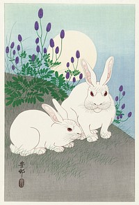 Rabbits at full moon (1920 - 1930) by <a href="https://www.rawpixel.com/search/Ohara%20Koson?sort=curated&amp;page=1">Ohara Koson</a> (1877-1945). Original from The Rijksmuseum. Digitally enhanced by rawpixel.