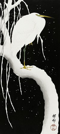 Heron in snow (1925 - 1936) by <a href="https://www.rawpixel.com/search/Ohara%20Koson?sort=curated&amp;page=1">Ohara Koson</a> (1877-1945). Original from The Rijksmuseum. Digitally enhanced by rawpixel.