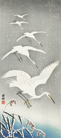 Descending egrets in snow (1925 - 1936) by <a href="https://www.rawpixel.com/search/Ohara%20Koson?sort=curated&amp;page=1">Ohara Koson</a> (1877-1945). Original from The Rijksmuseum. Digitally enhanced by rawpixel.