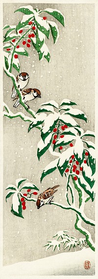 Sparrows on snowy berry bush (1900 - 1945) by <a href="https://www.rawpixel.com/search/Ohara%20Koson?sort=curated&amp;page=1">Ohara Koson</a> (1877-1945). Original from The Rijksmuseum. Digitally enhanced by rawpixel.