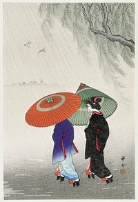 Two women in the rain (1925 - 1936) by <a href="https://www.rawpixel.com/search/Ohara%20Koson?sort=curated&amp;page=1">Ohara Koson</a> (1877-1945). Original from The Rijksmuseum. Digitally enhanced by rawpixel.