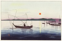 Boats and setting sun (1900 - 1936) by <a href="https://www.rawpixel.com/search/Ohara%20Koson?sort=curated&amp;page=1">Ohara Koson</a> (1877-1945). Original from The Rijksmuseum. Digitally enhanced by rawpixel.