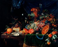 Fruits and oysters by <a href="https://www.rawpixel.com/search/Abraham%20Mignon?sort=curated&amp;page=1">Abraham Mignon</a> (1660-1679). Original from The Rijksmuseum. Digitally enhanced by rawpixel.