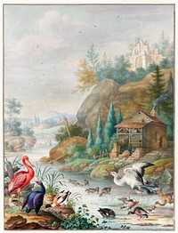 Birds near a Mountain Stream by <a href="https://www.rawpixel.com/search/Herman%20Henstenburgh?sort=curated&amp;page=1">Herman Henstenburgh</a> (c.1683-c.1726). Original from The Rijksmuseum. Digitally enhanced by rawpixel.