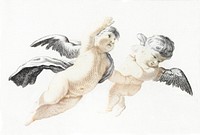 Two flying Putti by <a href="https://www.rawpixel.com/search/Johan%20Teyler?sort=curated&amp;page=1">Johan Teyler</a> (1648-1709). Original from The Rijksmuseum. Digitally enhanced by rawpixel.