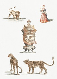 A lion, a standing woman, a fountain and two leopards by Johan Teyler (1648-1709). Original from Rijks Museum. Digitally enhanced by rawpixel.