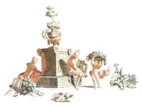 Vintage illustration of a woman and a boy at a Monument