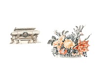 Vintage illustration of a tomb and a flower basket