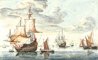 Ships on a calm sea by <a href="https://www.rawpixel.com/search/Johan%20Teyler?sort=curated&amp;page=1">Johan Teyler</a> (1648-1709). Original from The Rijksmuseum. Digitally enhanced by rawpixel.