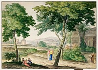 Italianizing landscape by <a href="https://www.rawpixel.com/search/Michiel%20van%20Huysum?sort=curated&amp;page=1">Michiel van Huysum</a> (1744). Original from The Rijksmuseum. Digitally enhanced by rawpixel.