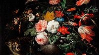 Vintage flower desktop wallpaper, HD background, The Overturned Bouquet, remix from the artwork of Abraham Mignon