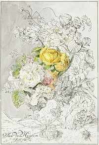 Flower arrangement (1778) by <a href="https://www.rawpixel.com/search/Cornelis%20Ploos%20van%20Amstel?sort=curated&amp;page=1">Cornelis Ploos van Amstel</a>. Original from The Rijksmuseum. Digitally enhanced by rawpixel.
