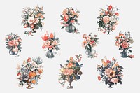 Vintage illustration of set of vases with flowers
