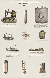 Illustration of 11 representations of inventions such as sewing machine, barometer, and compass (1869&ndash;1882) by Monogrammist W.H.V. Original from Rijks museum. Original from The Rijksmuseum. Digitally enhanced by rawpixel.