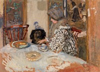 Woman and Dog at Table (1908) by Pierre Bonnard Original from Barnes Foundation. Digitally enhanced by rawpixel.