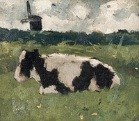 Resting Cow with a Mill (1888) painting in high resolution by Richard Roland Holst. Original from the Rijksmuseum. Digitally enhanced by rawpixel.