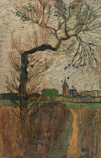 Footpath with Willow and a Village on the Horizon (1891) painting in high resolution by Richard Roland Holst. Original from the Rijksmuseum. Digitally enhanced by rawpixel.