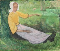 Woman of Huizen sitting under a Tree (1888–1895) painting in high resolution by Richard Roland Holst. Original from the Rijksmuseum. Digitally enhanced by rawpixel.