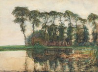 Farmstead along the water screened by nine tall trees (1905) painting in high resolution by Piet Mondrian. Original from The Sterling and Francine Clark Art Institute. Digitally enhanced by rawpixel.