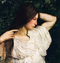 Girl Arranging Her Hair (1918–1919) painting in high resolution by Abbott Handerson Thayer. Original from the Smithsonian Institution. Digitally enhanced by rawpixel.