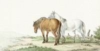 A brown and white horse on a road next to a fence by<a href="https://www.rawpixel.com/search/Jean%20Bernard?sort=curated&amp;page=1"> Jean Bernard </a>(1802). Digitally enhanced by rawpixel.