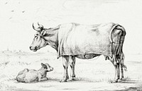 Standing cow with a lying calf (1815) by <a href="https://www.rawpixel.com/search/Jean%20Bernard?sort=curated&amp;page=1">Jean Bernard</a> (1775-1883). Original from The Rijksmuseum. Digitally enhanced by rawpixel.