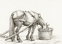 Horse eating from a basket (1816) by <a href="https://www.rawpixel.com/search/Jean%20Bernard?sort=curated&amp;page=1">Jean Bernard</a> (1775-1883). Original from The Rijksmuseum. Digitally enhanced by rawpixel.