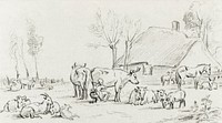 Farmyard with cattle and milking woman by Jean Bernard (1775-1883). Original from The Rijksmuseum. Digitally enhanced by rawpixel.