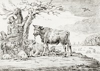Farmer standing at a fence with cattle by <a href="https://www.rawpixel.com/search/Jean%20Bernard?sort=curated&amp;page=1">Jean Bernard</a> (1775-1883). Original from The Rijksmuseum. Digitally enhanced by rawpixel.