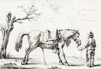 Rider standing next to horse by <a href="https://www.rawpixel.com/search/Jean%20Bernard?sort=curated&amp;page=1">Jean Bernard</a> (1775-1883). Original from The Rijksmuseum. Digitally enhanced by rawpixel.