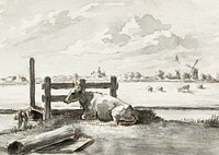 Whey with lying cow by Jean Bernard (1775-1883). Original from The Rijksmuseum. Digitally enhanced by rawpixel.