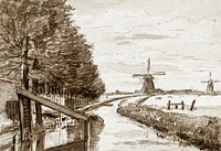 Landscape with a canal and two mills by <a href="https://www.rawpixel.com/search/Jean%20Bernard?sort=curated&amp;page=1">Jean Bernard</a> (1775-1883). Original from the Rijks Museum. Digitally enhanced by rawpixel.