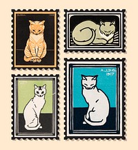 Vintage Illustration of Set of stamps with cats.
