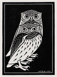 Two owls (1921) by <a href="https://www.rawpixel.com/search/Julie%20de%20Graag?sort=curated&amp;page=1">Julie de Graag</a> (1877-1924). Original from The Rijksmuseum. Digitally enhanced by rawpixel.