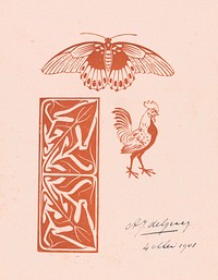 Butterfly, rooster and leaf ornament (1901) by <a href="https://www.rawpixel.com/search/Julie%20de%20Graag?sort=curated&amp;page=1">Julie de Graag</a> (1877-1924). Original from The Rijksmuseum. Digitally enhanced by rawpixel.