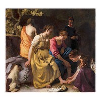 <a href="https://www.rawpixel.com/search/vermeer?page=1&amp;sort=curated">Johannes Vermeer</a> Wall Art, Diana and her Nymphs (ca. 1653&ndash;1654) famous painting. Original from the Mauritshuis Museum. Digitally enhanced by rawpixel.
