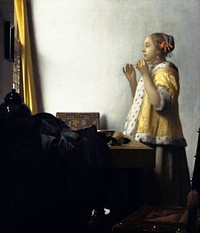 Johannes Vermeer&rsquo;s Young Woman with a Pearl Necklace (ca. 1663&ndash;1665) famous painting. Original from Wikimedia Commons. Digitally enhanced by rawpixel.